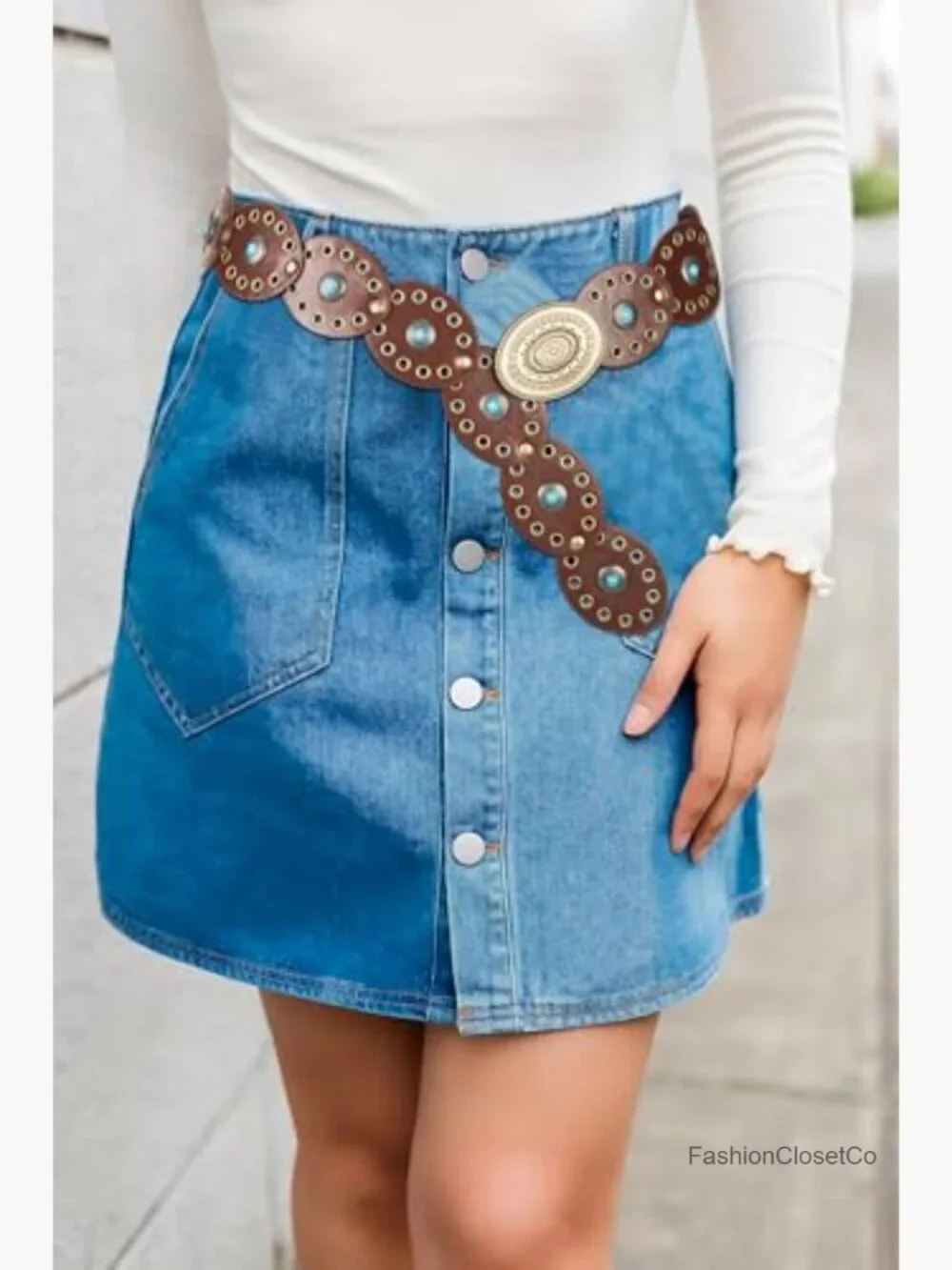Vintage Western Concho Disk Belt - PU Leather Cowgirl Wide Boho Waist Belt